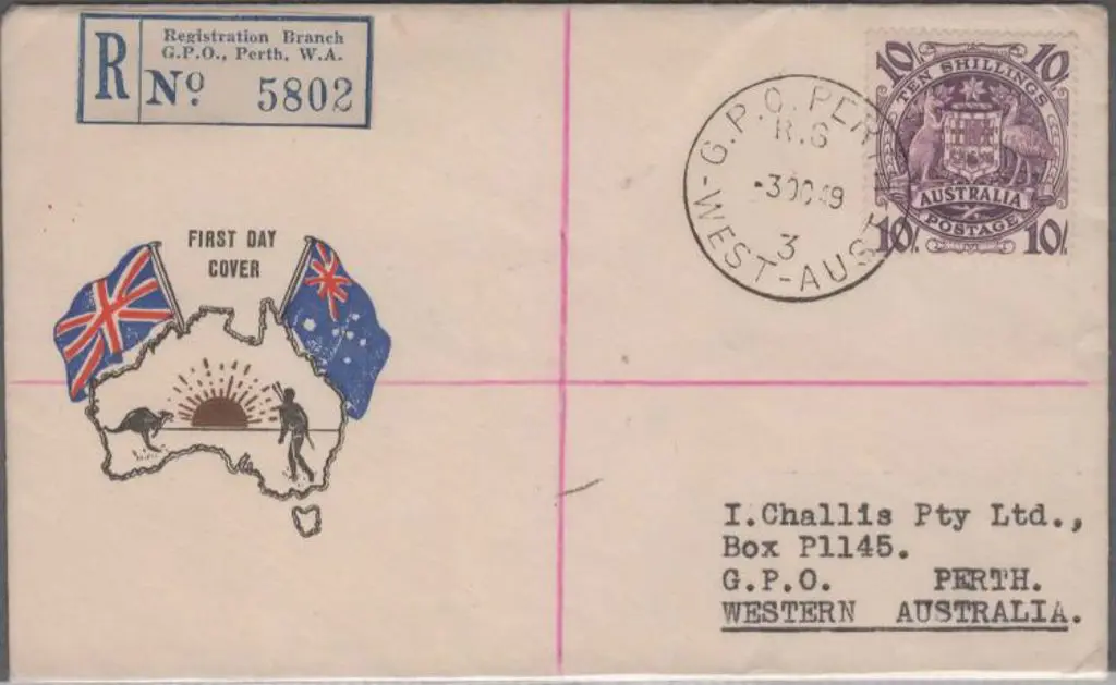 1949 (3rd Oct) 10/- Arms on Challis illust cover. ... Image 1++