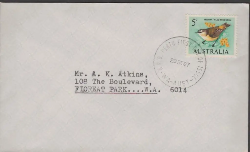 1967 (29th Sept) 5¢ Thornbill on plain envelope ... Image 1++