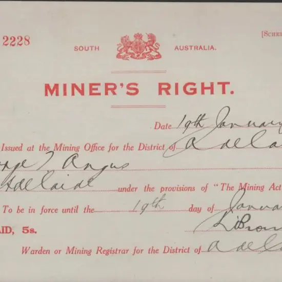 1933 Miner's Right for 5/- fee. Red ...