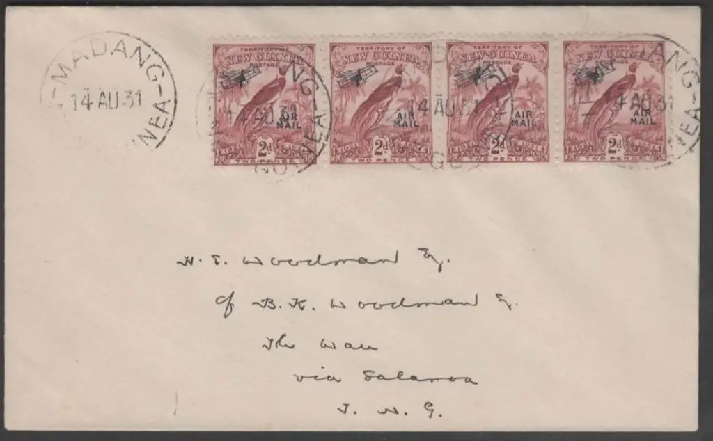 1931 (14th Aug) 2d claret BOP ovptd AIR MAIL strip ... Image 1++
