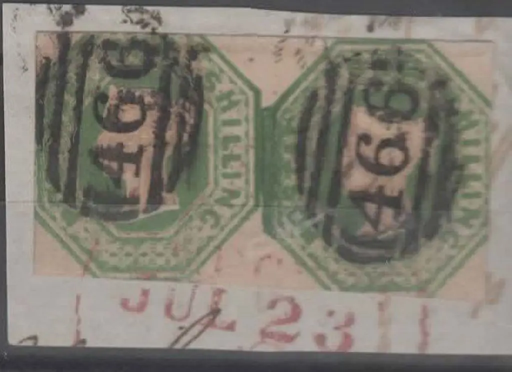 1847 1/- green embossed horiz joined pair cut ... Image 1++