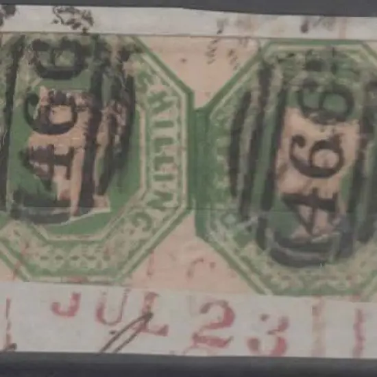 1847 1/- green embossed horiz joined pair cut ...