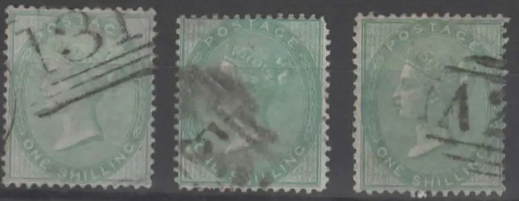 1855/57 1/- green in 3 catalogued shades. Deep ... Image 1++