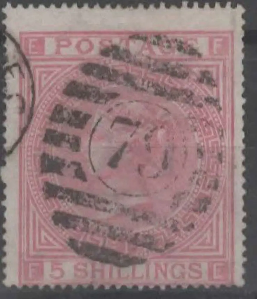 1867 5/- rose, Plate 1, with BN "79" part duplex. ... Image 1++