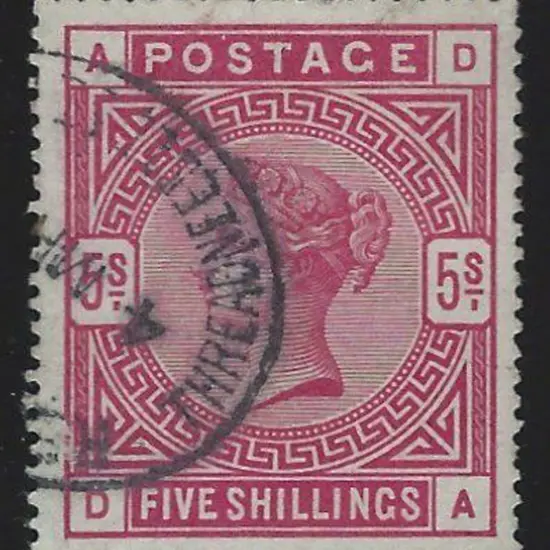 1883 5/- crimson. Fine used by half a Threadneedle ...