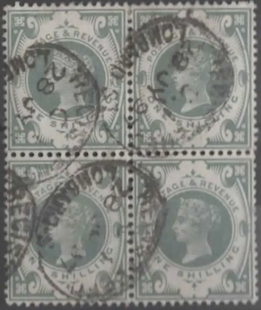 1887 1/- dull green QV good to fine used block of ... Image 1++