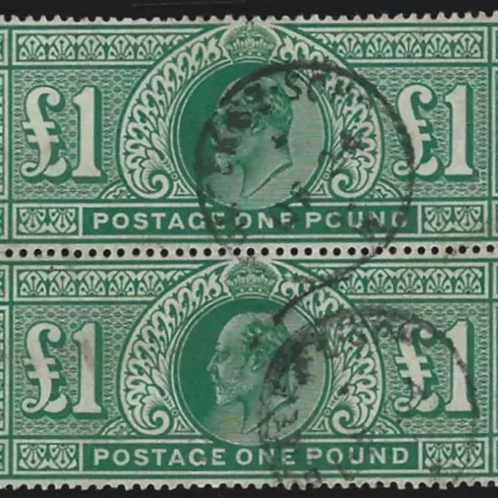 1902 £1 dull blue green KEVII vertical pair. Fine ...
