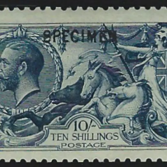 1913 10/- indigo-blue Seahorse. Waterlow printing ...