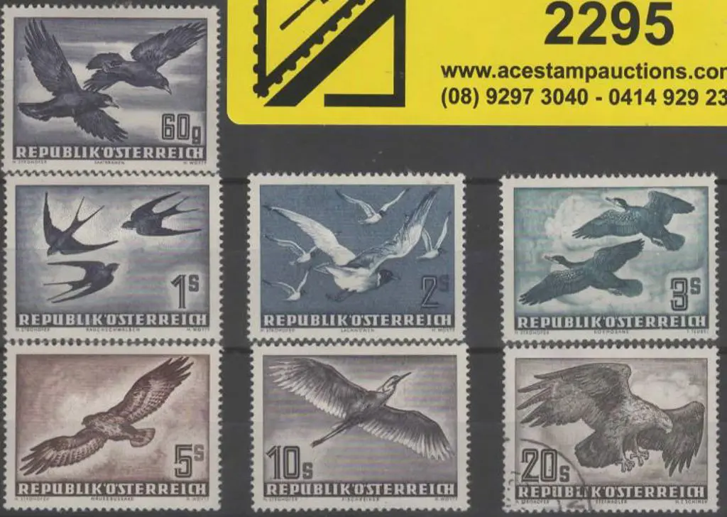 Austria 1950 Airs - Birds set of 7 MLH to 10sch ... Image 1++