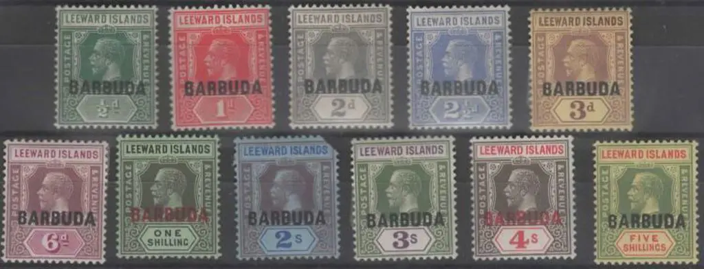 Barbuda 1922 ½d to 5/- KGV set of 11. Fresh MLH. ... Image 1++