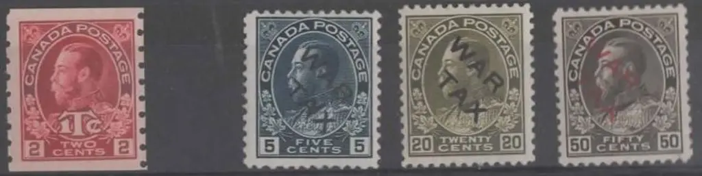 Canada 1915 "WAR TAX" ovpts set of 3 plus 1916 2¢ ... Image 1++