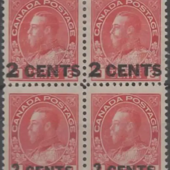 Canada 1926 2 CENTS on 3c carmine in MUH?MLH block ...