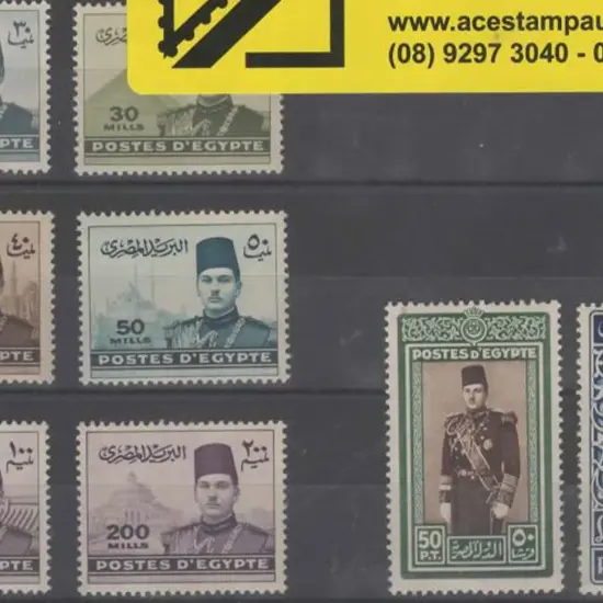 Egypt 1939 King Farouk set of 8 to £E1. Fresh MUH ...