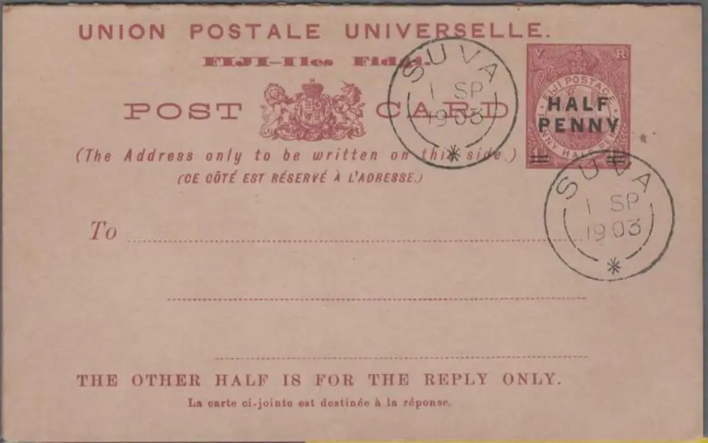 Fiji 1903 HALF PENNY on 1½d brown-carmine Reply ... Image 1++