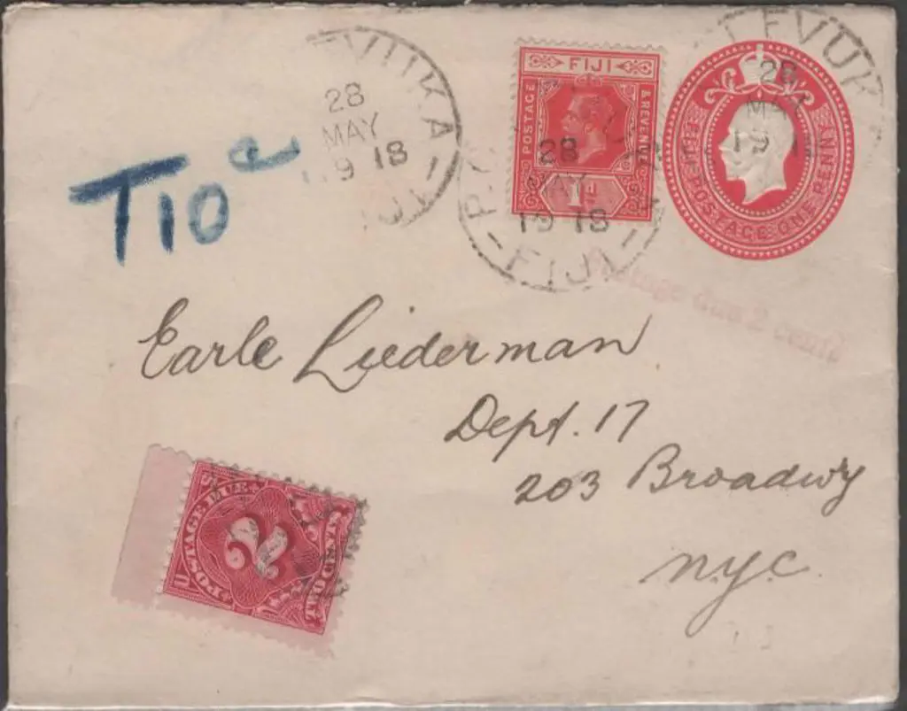 Fiji 1918 (28th May) 1d red KGV embossed env (H&G ... Image 1++