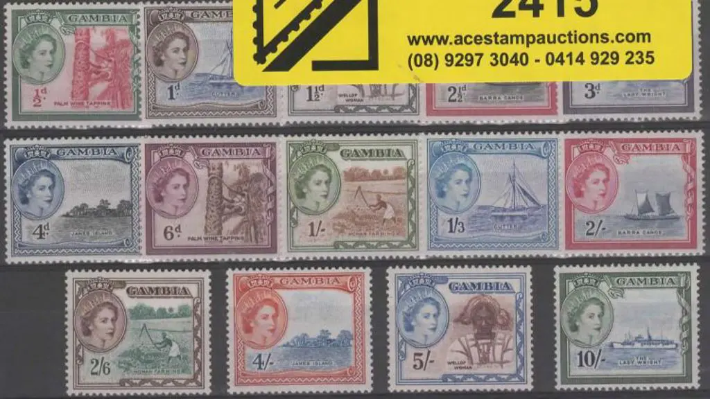 Gambia 1953/59 QEII Pictorials to 10/-. Fresh MVLH ... Image 1++