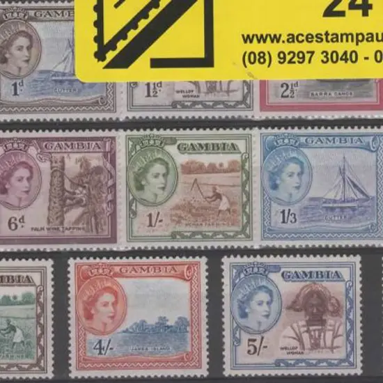 Gambia 1953/59 QEII Pictorials to 10/-. Fresh MVLH ...