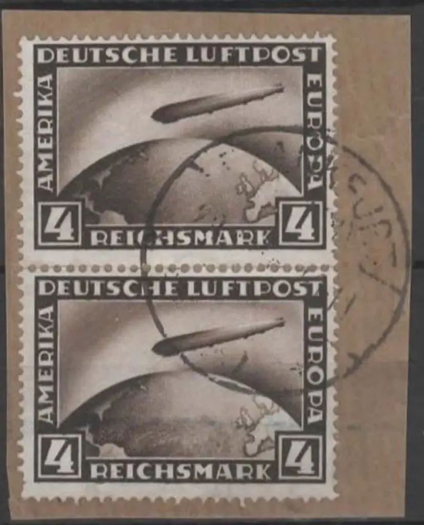 Germany 1928 4m Zeppelin pair F/U on piece. Pulled ... Image 1++