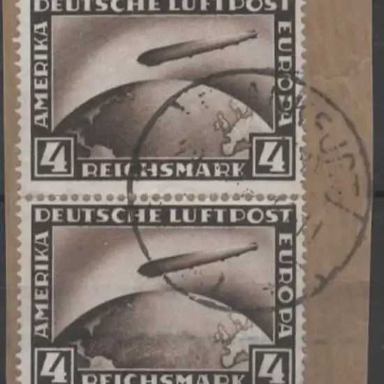 Germany 1928 4m Zeppelin pair F/U on piece. Pulled ...