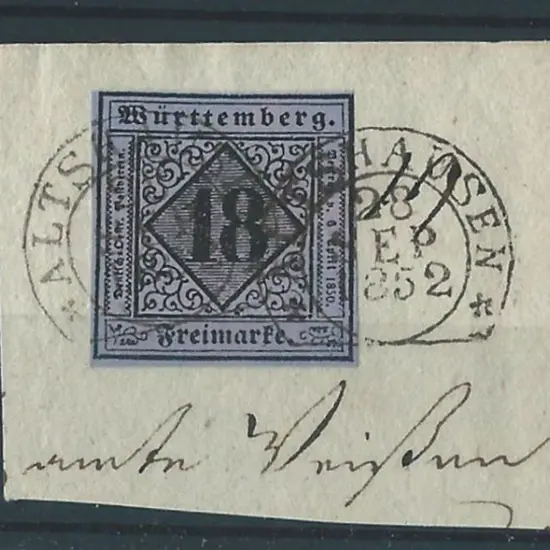 Germany-Wurttemberg 1851 18kr black on violet ...
