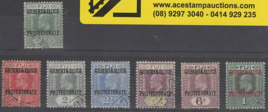 Gilbert & Ellice Is. 1911 ovpts on 1/- Fiji with ... Image 1++