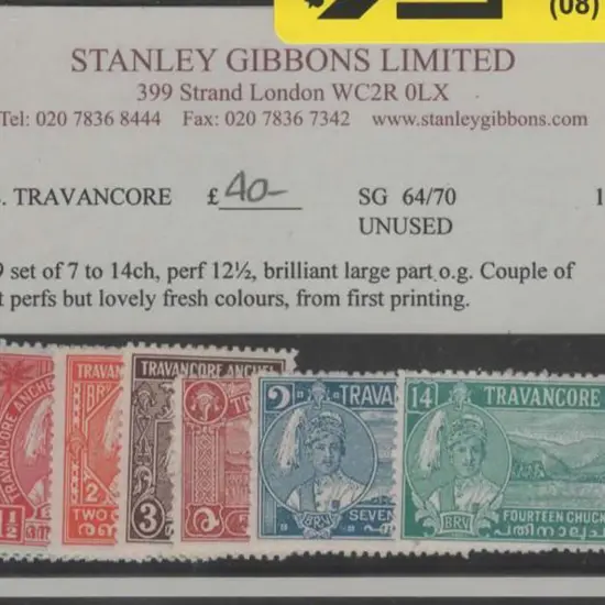 Indian States-Travancore 1939 set of 7 to 14ch, ...