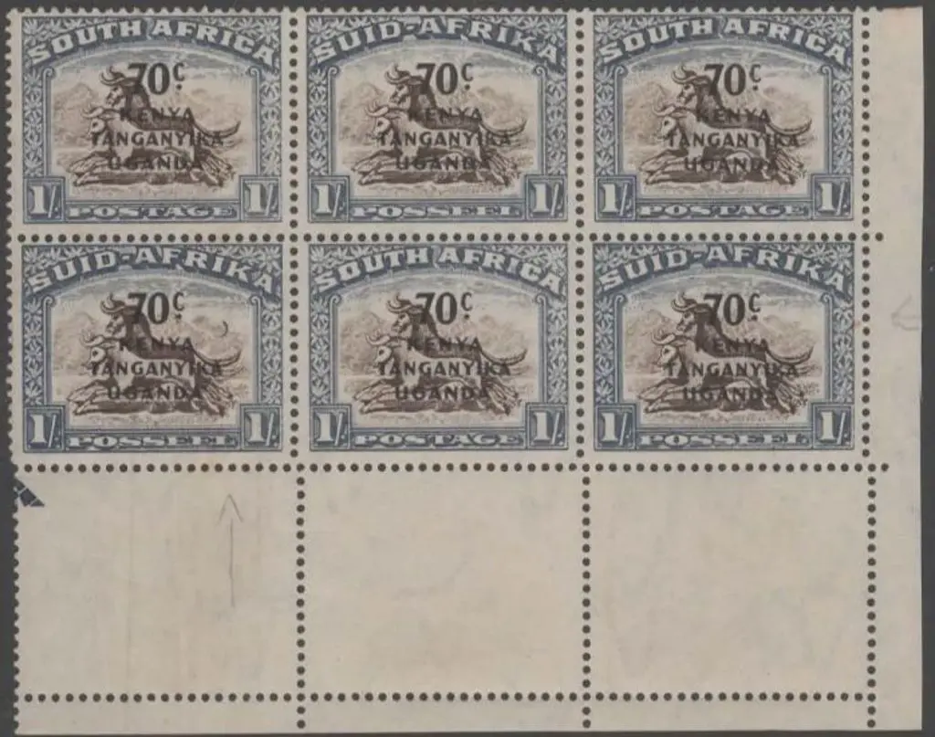 KUT 1941/2 70c on 1/- marginal block of 6 with ... Image 1++
