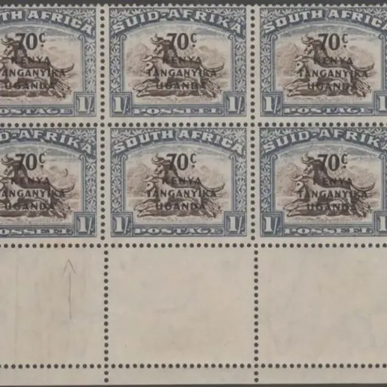KUT 1941/2 70c on 1/- marginal block of 6 with ...