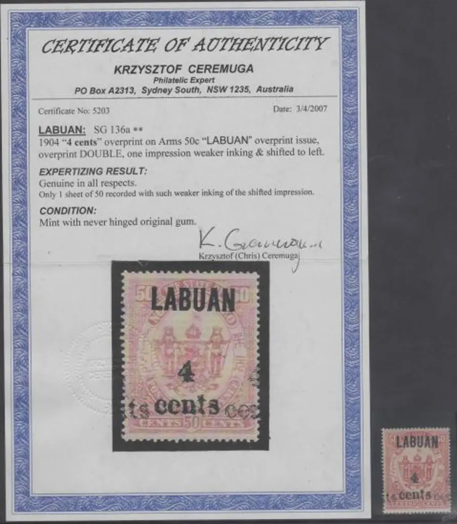 Labuan 1904 "LABUAN 4 cents" overprint on 50c Arms ... Image 1++
