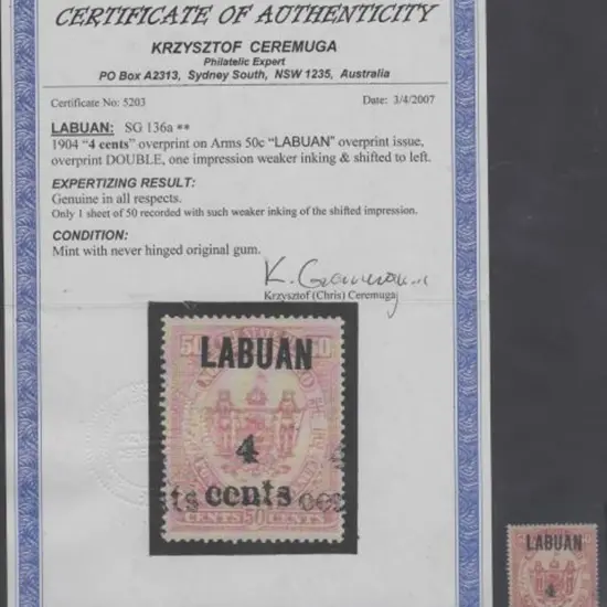 Labuan 1904 "LABUAN 4 cents" overprint on 50c Arms ...