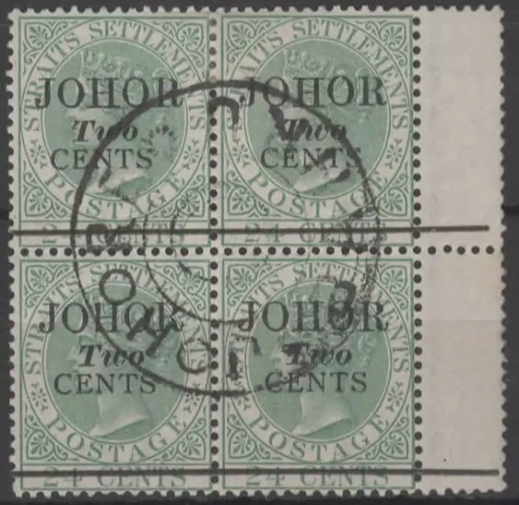 Malaya-Johore 1891 2c on 24c QV, type 17 ovpt. F/U ... Image 1++