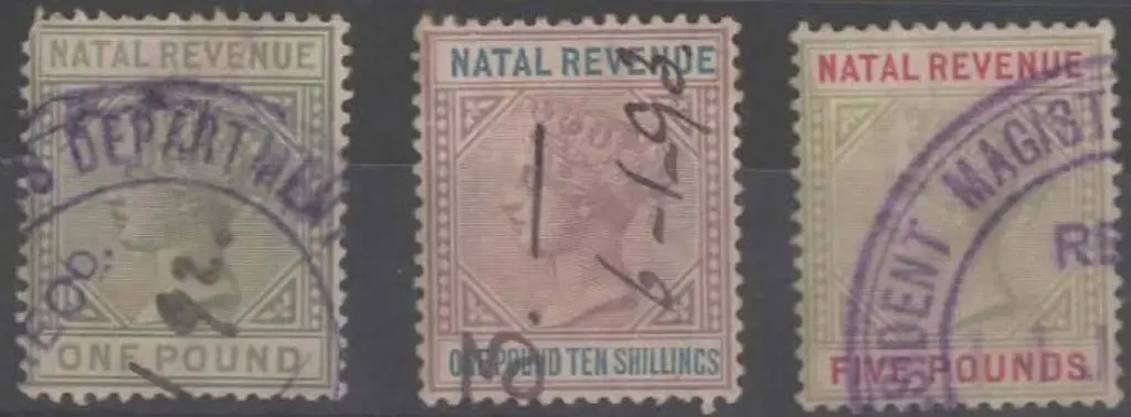 Natal QV £1 green, £1/10/- lilac & blue & £5 ... Image 1++