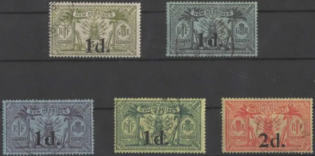 New Hebrides 1920/21 1d x 4 & 2d surcharges F/U ... Image 1++
