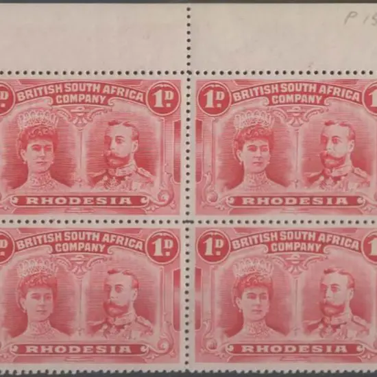 Rhodesia 1910/13 1d carmine perf. 15 top marginal ...