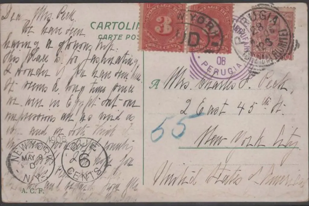 USA 1906 Postcard from Perugia, Italy with 10¢ ... Image 1++