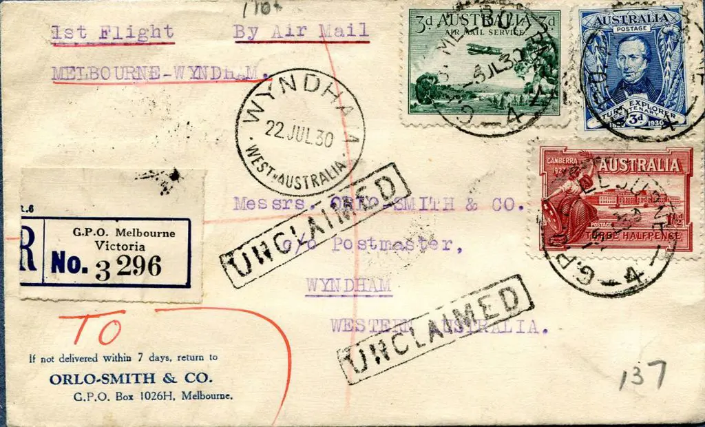 1930 (5th July) Melbourne to Wyndham regd ... Image 1++