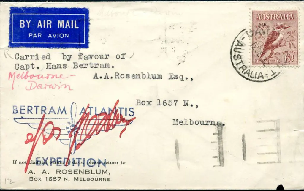 1932 (2nd Jan) Melbourne to Darwin Bertram flown & ... Image 1++