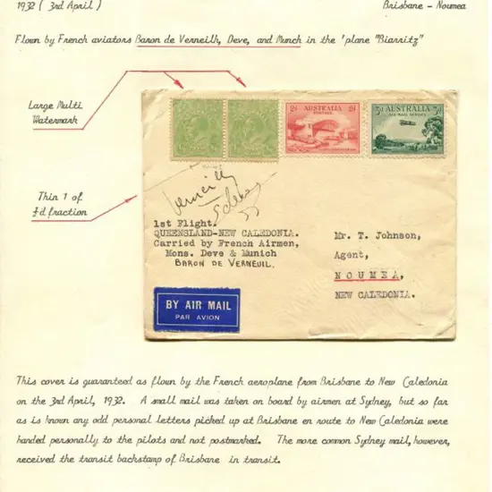 1932 (9th March) Brisbane to Noumea flown by Baron ...