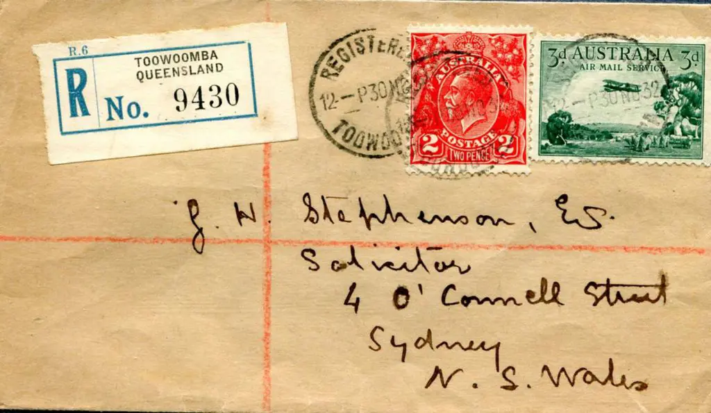 1932 (30th Nov) 2d KGV & 3d Airmail on Toowoomba ... Image 1++