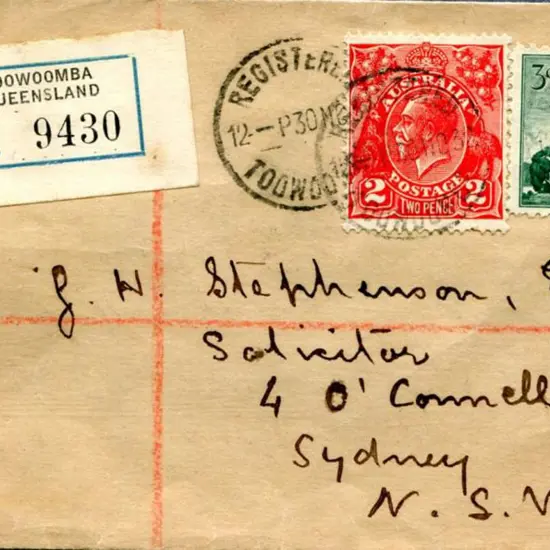 1932 (30th Nov) 2d KGV & 3d Airmail on Toowoomba ...