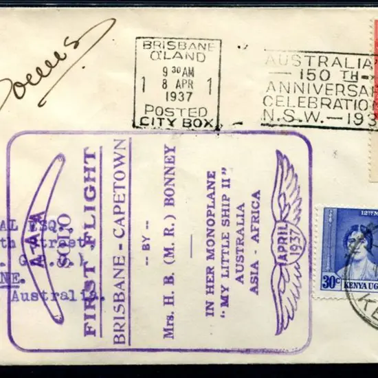1937 (9th April) Brisbane to Kisuma, Nairobi ...