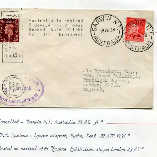 1938 (18th April) Australia to England solo record ...