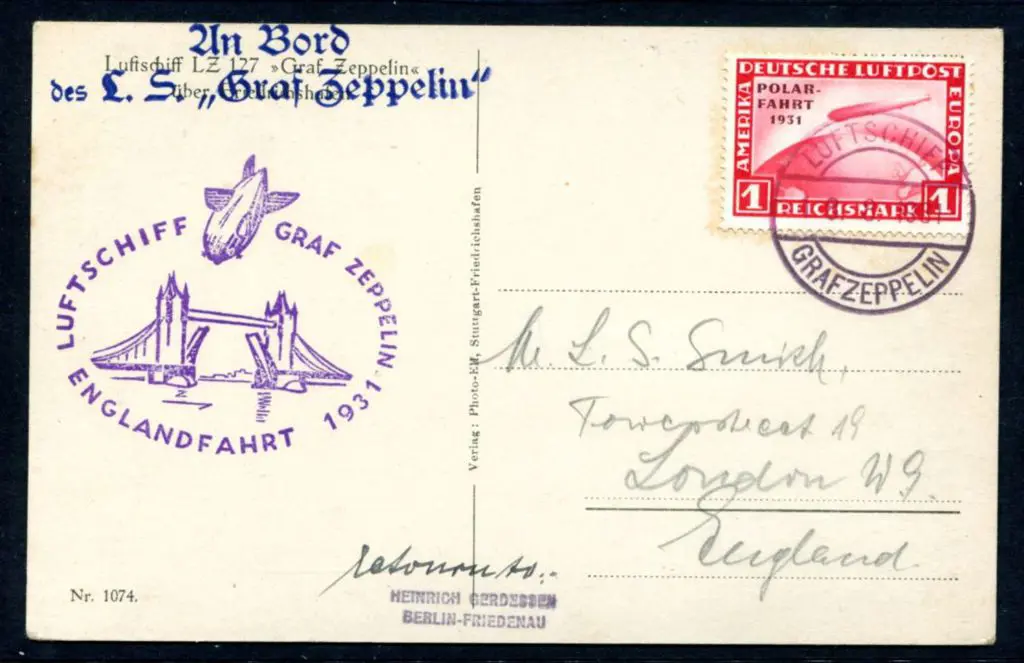 1931 (18th Aug) Zeppelin b&w Postcard showing ... Image 1++