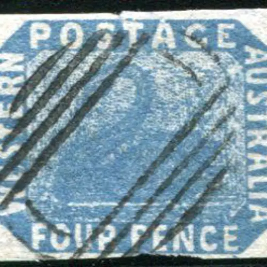 1854/55 4d blue swan fine used with four margins ...