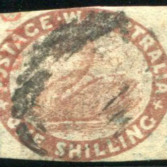 1854/55 1/- deep red-brown. Left margin cut into ...
