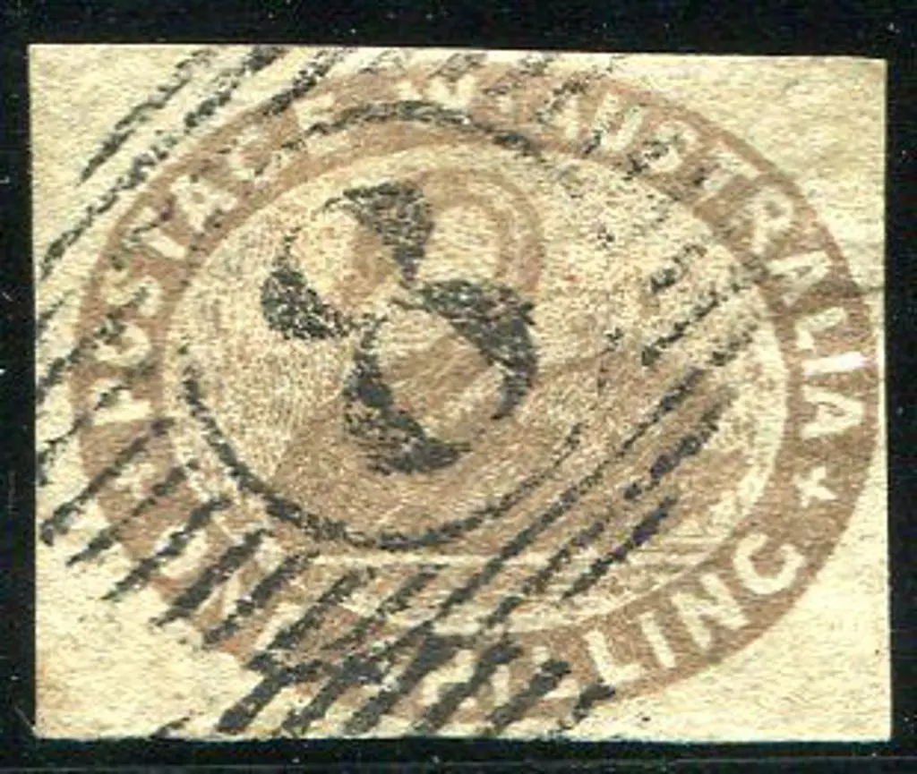 1854/55 1/- grey-brown swan F/U with neat 15 bar 8 ... Image 1++