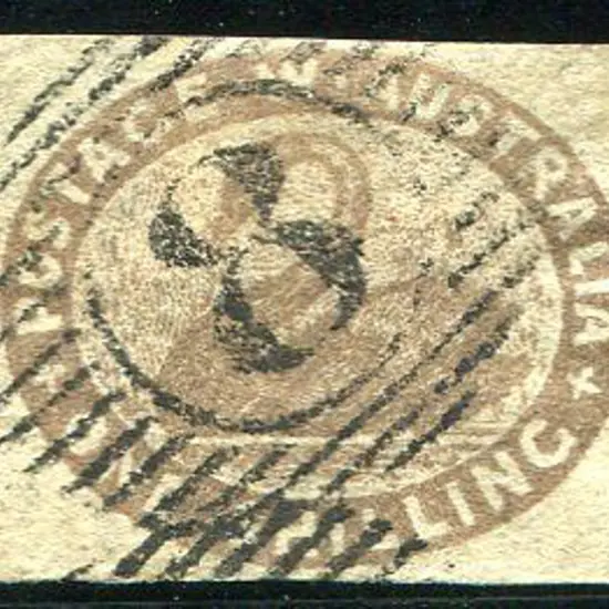 1854/55 1/- grey-brown swan F/U with neat 15 bar 8 ...