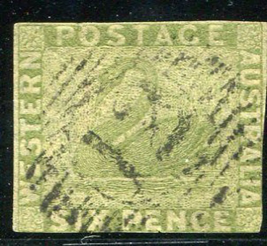 1860/64 6d sage green swan with close to touching ... Image 1++