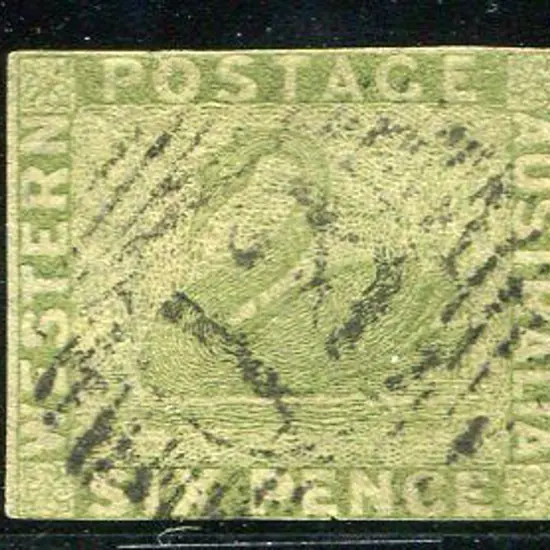1860/64 6d sage green swan with close to touching ...