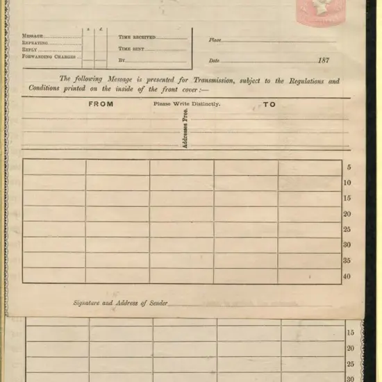 1870's Telegram Form unused with embossed QV "One ...